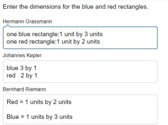 Red rectangle: 2 units by 1 unit. Blue rectangle: 3 units by 1 unit